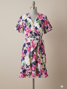Tori Richard Honolulu Floral Wrap Dress 4 NWT Navy Pink Flutter Sleeve Feminine